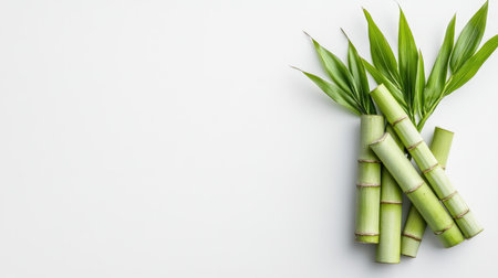 This image showcases fresh green bamboo sticks with vibrant leaves on a clean white background, evoking a sense of tranquility and nature. Perfect for decor.の素材