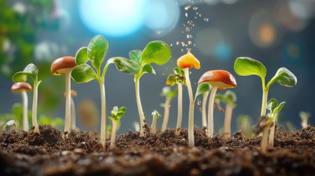 A vibrant scene of tiny seedlings emerging from rich soil with droplets of water glistening in soft light, symbolizing growth and new beginnings.の素材