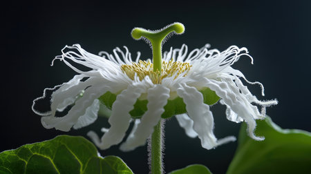 This stunning close-up image showcases an intricate white flower with unique, wavy petals and a green stem, set against a contrasting dark background.の素材