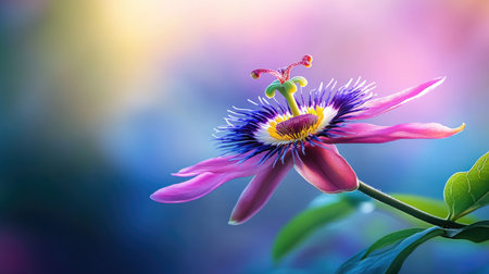 A stunning close-up of a vibrant passion flower showcases intricate petals and vivid colors, set against a beautifully blurred background in nature.の素材