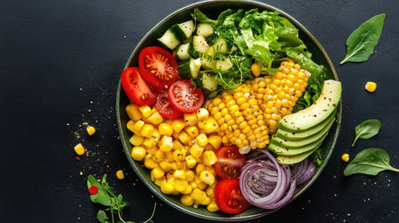 A colorful vegetable salad showcasing fresh ingredients like corn, tomatoes, cucumbers, and leafy greens arranged beautifully in a bowl. Perfect for healthy meals.の素材