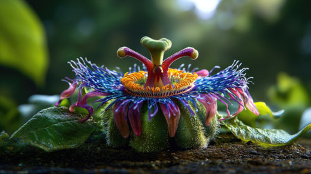 Explore the stunning details of an exotic flower with vibrant colors and intricate structures in a serene natural environment. A celebration of beauty!の素材
