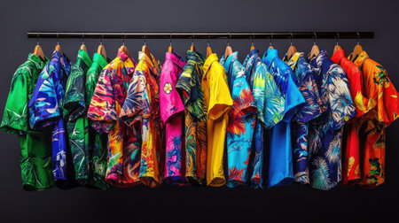 A vibrant collection of tropical shirts hung on a rack, showcasing an array of bright colors and lively patterns, perfect for summer fashion and vacation vibes.の素材