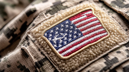 This close-up image showcases a detailed American flag patch sewn onto a military uniform, highlighting themes of patriotism and service.の素材