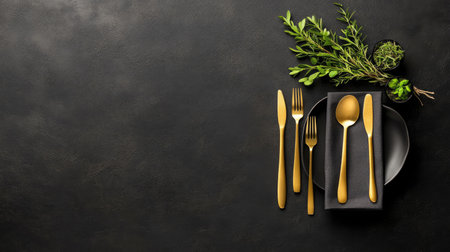 This image captures an elegant table setting featuring golden cutlery alongside a dark plate and fresh herbs, ideal for gourmet dining. Perfect for culinary themes.の素材