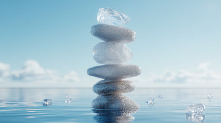 A serene composition featuring a stack of smooth stones balanced elegantly with ice on calm water, embodying peace, balance, and tranquility amidst a clear blue sky.の素材