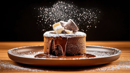 A rich chocolate cake sits elegantly on a rustic plate, adorned with powdered sugar and chocolate pieces, creating a delicious focal point for dessert lovers.の素材