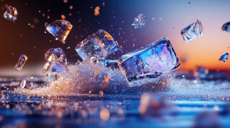A stunning visual of ice cubes splashing into water, creating dynamic motion captured against a colorful backdrop with bokeh effects. Perfect for beverage themes.の素材