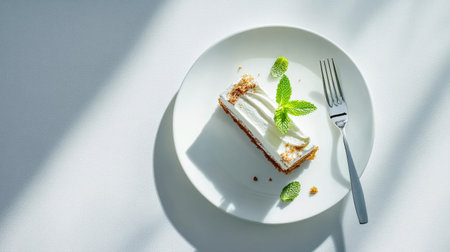 A tempting slice of creamy dessert served on a pristine white plate, garnished with fresh mint leaves and accompanied by a fork, ideal for culinary delights.の素材