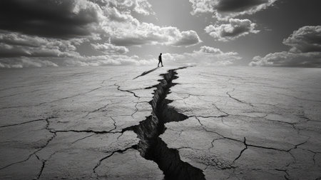 A solitary figure stands on a cracked earth landscape beneath a dramatic sky filled with clouds, capturing themes of isolation and resilience in a stark environment.の素材