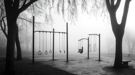 This striking black and white image features an empty playground shrouded in fog, creating a poignant atmosphere of nostalgia and solitude.の素材