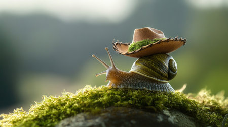 This delightful image features a snail wearing a whimsical western hat, perched on lush green moss, capturing a joyful perspective of nature's quiet beauty.の素材