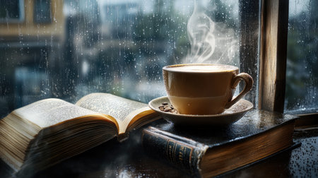A beautifully captured scene featuring a warm coffee mug next to an open book, with raindrops trickling down the windowpane, creating a cozy and serene atmosphere.の素材