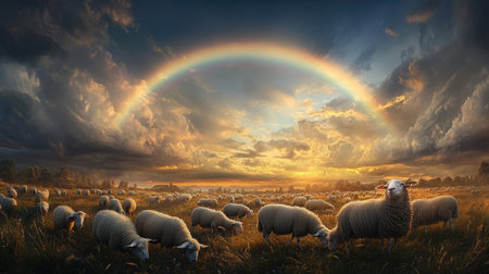 A stunning landscape showcasing sheep grazing peacefully under a vibrant rainbow against a backdrop of dramatic clouds during sunset. This serene scene captures the essence of rural life, highlighting the beauty of nature and agriculture.の素材