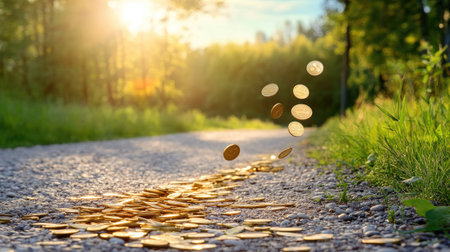 Coins glimmer in the sunlight as they scatter along a gravel path, surrounded by lush greenery, symbolizing abundance and adventure in nature's embrace.の素材