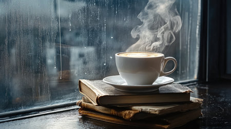 A serene scene featuring a steaming cup of coffee placed on stacked books next to a rainy window, creating a cozy and inviting atmosphere perfect for relaxation.の素材