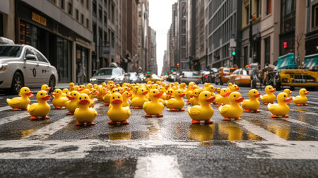 A charming scene featuring numerous yellow rubber ducks gathered on a city street, reflecting a playful and cheerful atmosphere amidst a rainy backdrop.の素材