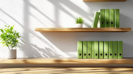A modern office scene featuring wooden shelves with neatly organized green binders and small decorative plants, illuminated by soft natural light.の素材