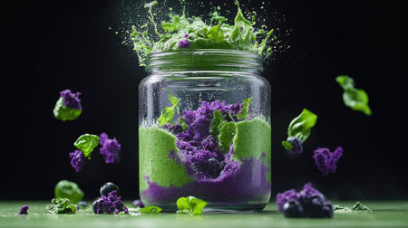 A stunning image showcasing a vibrant explosion of colorful greens, purple ingredients, and blue fruits in a glass jar, emphasizing freshness and health.の素材