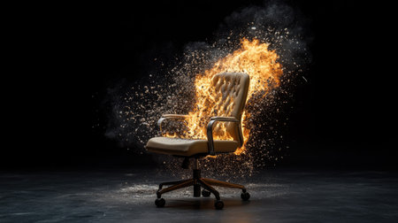 An office chair engulfed in flames creates a striking visual effect in a dark background. This dramatic scene symbolizes chaos and energy, capturing attention.の素材