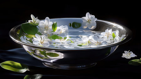 A stunning decorative bowl filled with clear water, featuring delicate white flowers and green leaves, creating a serene and tranquil atmosphere.の素材