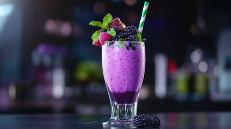 A vibrant berry smoothie with a rich purple hue, garnished with mint leaves, served in a stylish glass at a modern bar, ideal for summer refreshment.の素材