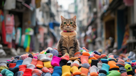 A delightful cat sits atop a colorful pile of socks, creating a fun and vibrant scene. This playful composition captures the joy of pets and fashion, perfect for various creative projects.の素材