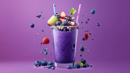 A colorful blueberry smoothie in a clear glass topped with fresh fruits and berries creates a visually appealing drink against a vibrant purple backdrop.の素材