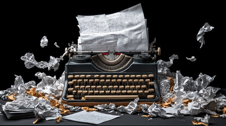 A vintage typewriter is the centerpiece, surrounded by crumpled papers and handwritten notes on a black background, evoking creativity and nostalgia.の素材
