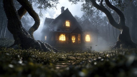 A charming cottage nestled in a mysterious foggy forest, illuminated by warm light from its windows, creating an enchanting atmosphere for exploration.の素材