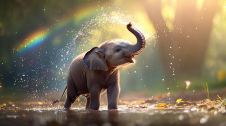 A delightful scene of a baby elephant joyfully splashing water in a sunlit forest, with a vibrant rainbow arching in the background, embodying pure happiness.の素材