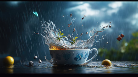 A tea cup overflows with water and fresh herbs, creating a dramatic splash effect. The scene captures a moment of beauty amidst a rainy backdrop, evoking freshness and creativity.の素材