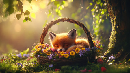 This enchanting image features a cute sleeping fox nestled in a basket filled with colorful flowers, set against a lush green forest backdrop bathed in soft sunlight.の素材