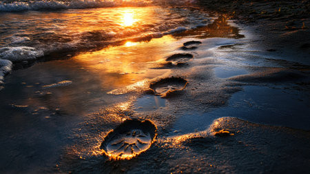 Tranquil scene featuring footprints in wet sand along a serene shoreline at sunset, capturing the beauty of nature and the calming waves.の素材