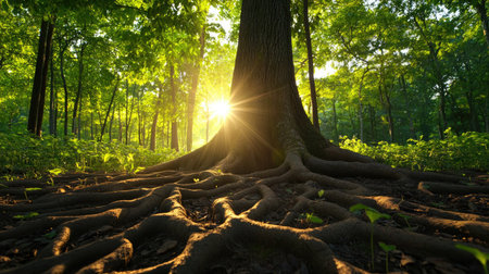 A stunning view of a tree with prominent roots basking in the warm sunlight, showcasing the vibrant greenery of the forest during the serene morning hours.の素材