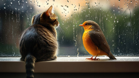A charming scene of a cat and a bird sharing a moment, gazing at each other through a rain-streaked window during soft evening light.の素材