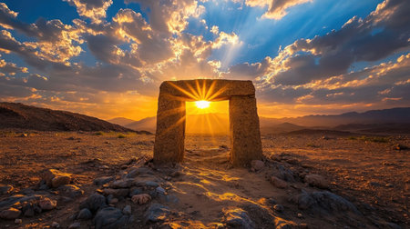 A stunning stone archway stands proudly against a vibrant sunrise, with rays of light streaming through. The landscape features dramatic clouds and rocky terrain, evoking a sense of tranquility and wonder.の素材