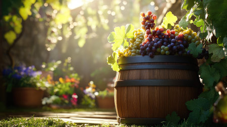 A wooden barrel filled with vibrant grapes sits amidst a picturesque vineyard, bathed in warm sunlight, surrounded by lush greenery and colorful flowers.の素材