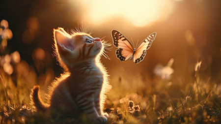 A charming scene unfolds as an adorable kitten gazes up at a vibrant butterfly during a breathtaking sunset, embodying innocence and curiosity.の素材