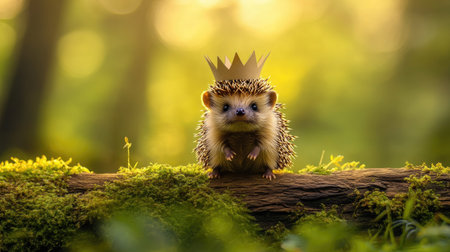 This charming image features an adorable hedgehog wearing a crown, sitting on a moss-covered log in a sunlit forest. The scene is vibrant and enchanting, perfect for conveying a sense of whimsy and tranquility.の素材