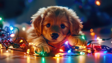 An adorable puppy playfully nestled among vibrant festive lights, reflecting the joy and warmth of the holiday season in a cozy indoor setting.の素材