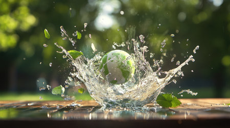 A vibrant photo capturing a water splash featuring a globe amidst green leaves. Perfect for themes of freshness, nature, and ecology.の素材