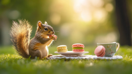 A charming squirrel relishes a vibrant macaron in a picturesque outdoor setting, surrounded by a delicate tea cup and lush greenery.の素材