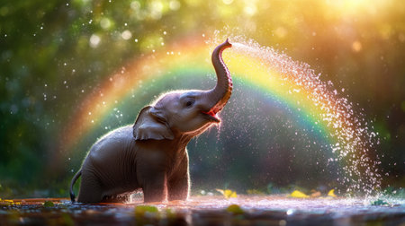 A heartwarming scene of a playful elephant calf splashing water in a serene setting, with a stunning rainbow forming in the background, showcasing nature's magic.の素材
