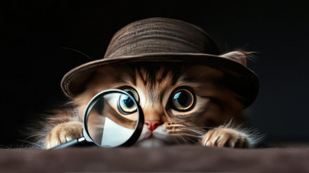 This charming close-up features a playful cat with a stylish hat and a magnifying glass, exuding curiosity and charm in low light. The catの素材