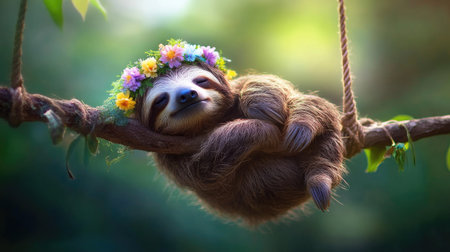 A charming sloth lounges on a tree branch, wearing a beautiful floral crown. This serene scene captures the essence of tranquility in nature's vibrant setting.の素材