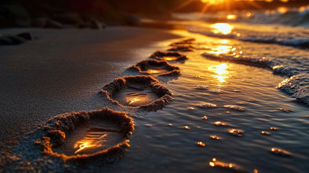 A serene view of footprints in wet sand along a beach during a beautiful sunset, capturing the play of light on water and creating a peaceful ambiance.の素材