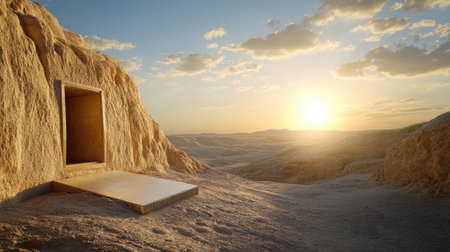 A captivating desert landscape features an open door set against a breathtaking sunset, highlighting earthy tones and expansive horizons. The serene and tranquil environment evokes feelings of exploration and adventure.の素材