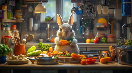 A charming rabbit stands in a lively kitchen, happily preparing a medley of fresh vegetables, creating a delightful scene of culinary joy and creativity.の素材