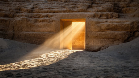 A mesmerizing view of radiant light streaming through an ancient doorway in a desert landscape, highlighting the soft, warm sand and creating a serene atmosphere.の素材